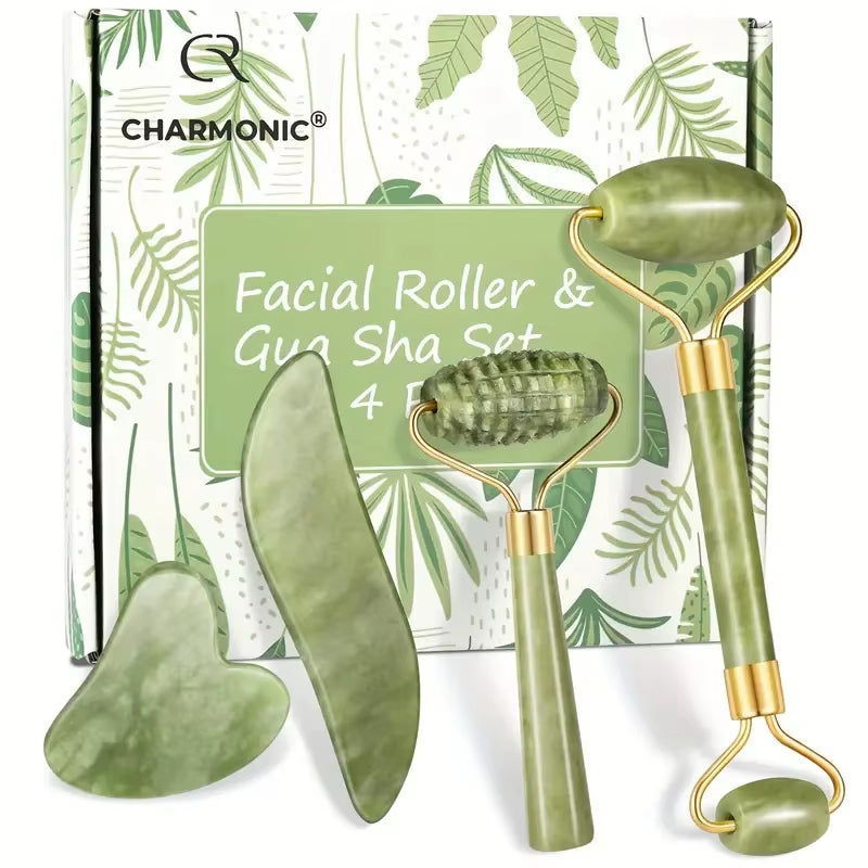 4Pcs Jade Roller & Gua Sha, Facial Roller Massager with Gua Sha Scraping Tool, Jade Stone Massager for Face and Neck - M'S