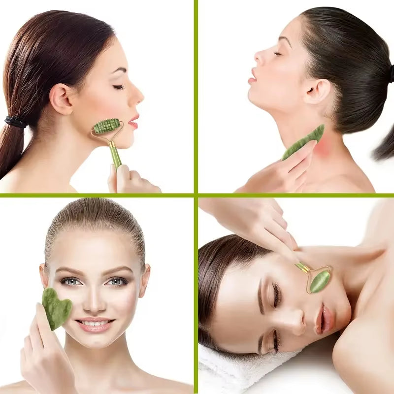 4Pcs Jade Roller & Gua Sha, Facial Roller Massager with Gua Sha Scraping Tool, Jade Stone Massager for Face and Neck - M'S
