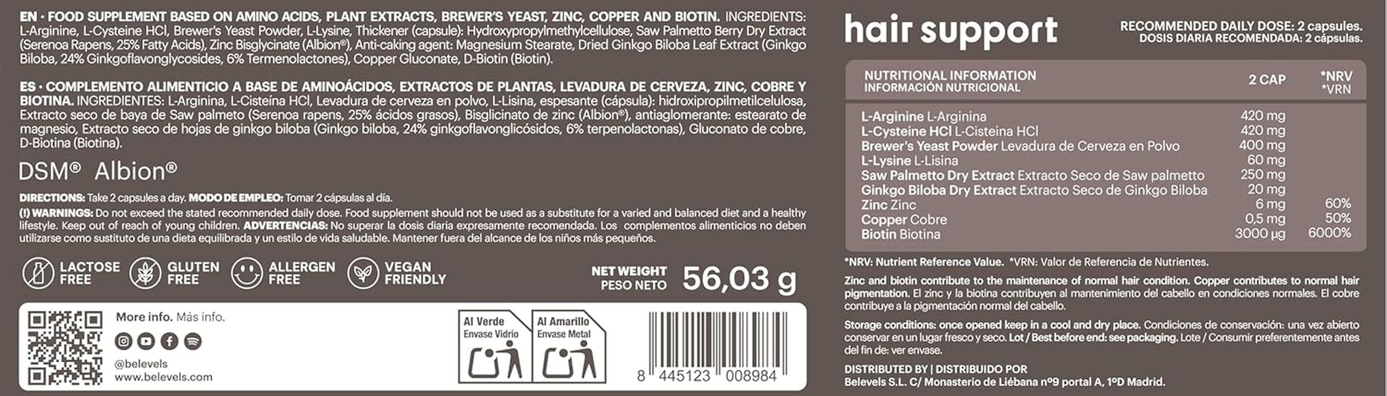 Biotina Para El Cabello Con Zinc - Vitaminas Anticaída Cabello Mujer Y Hombre - 60 Cápsulas Contra La Caída Del Pelo - Fortalece Y Estimula El Crecimiento Del Cabello | Hair Support - Be Levels