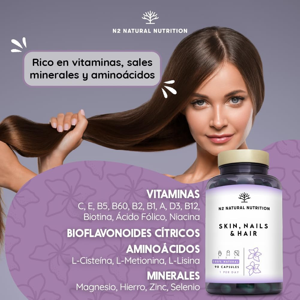 Biotina Zinc Selenio Hierro. Vitaminas Para El Cabello. Crece Pelo, Uñas Y Crece Barba. Cuidado De La Piel. Anticaida Cabello Hombre Y Mujer. Alta Concentración. 90 Cápsulas N2 Natural Nutrition